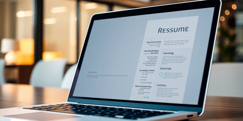 Laptop displaying a professional resume template.
