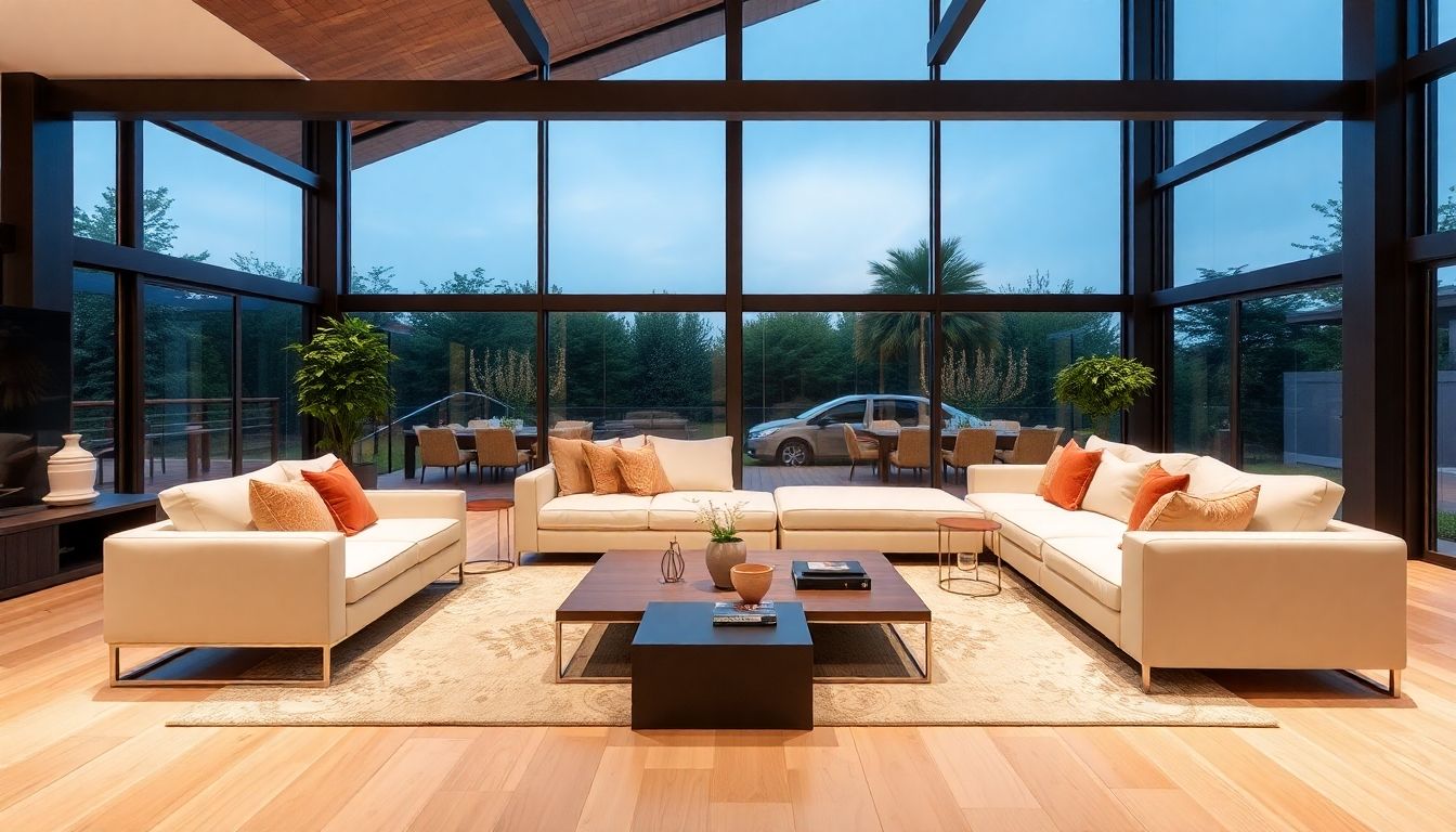 Modern living space with sleek furniture and large windows.