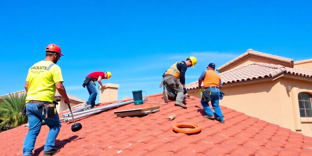 Roofing team working on a house in Tucson, Arizona.