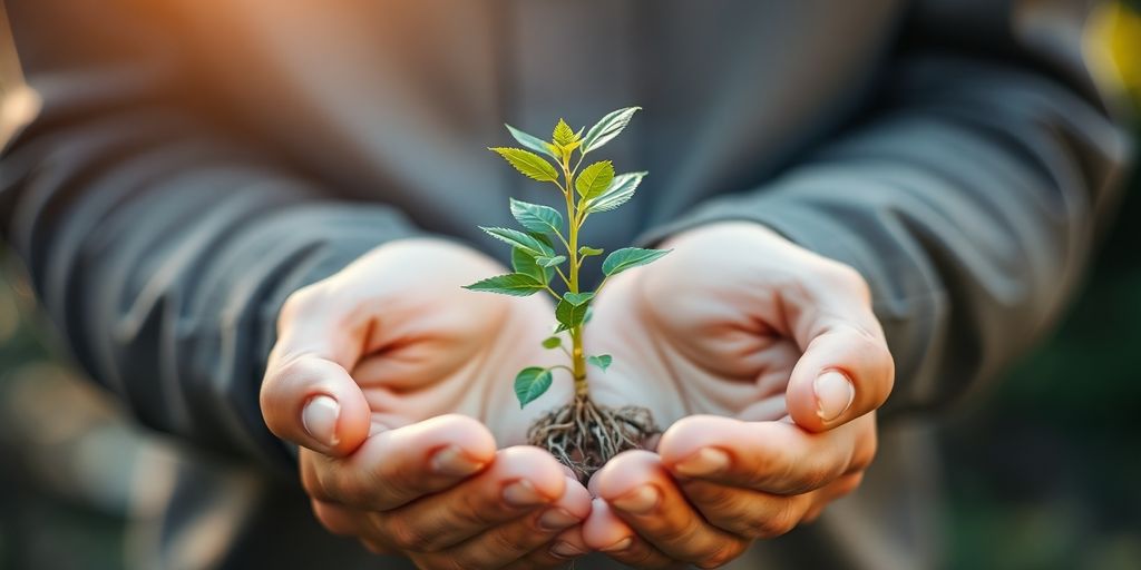 Secure hands holding a small, vibrant green sapling.
