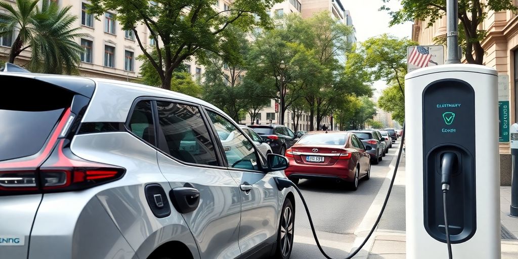 Electric vehicle charging at a city street station.