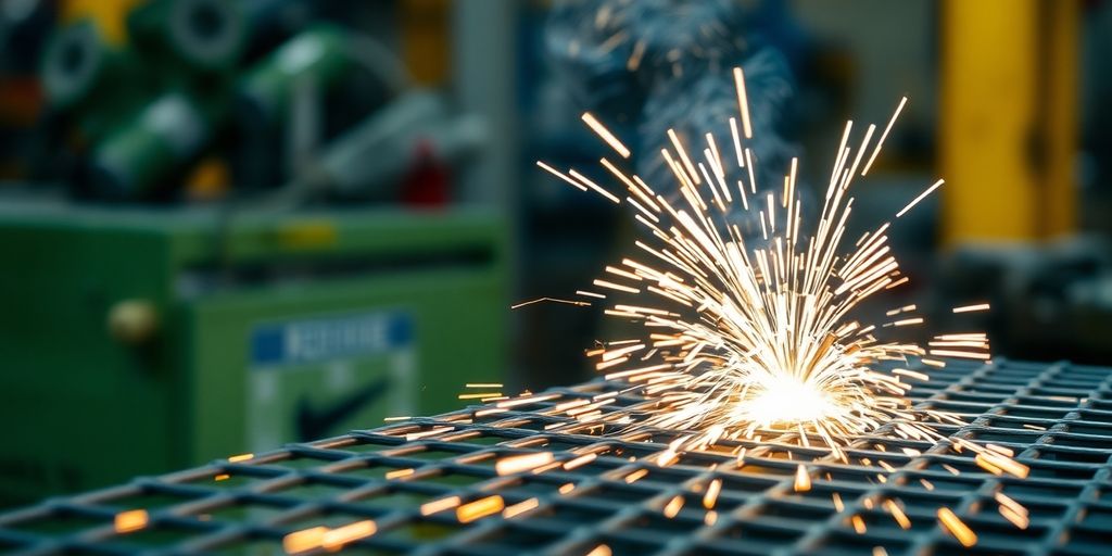 Close-up of metal mesh welding process with sparks.