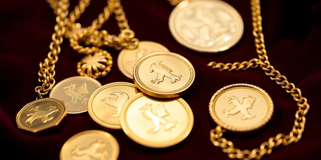 Pièces d'or et bijoux sur un tissu en velours.