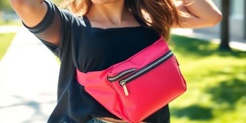 Femme souriante portant un sac banane élégant.