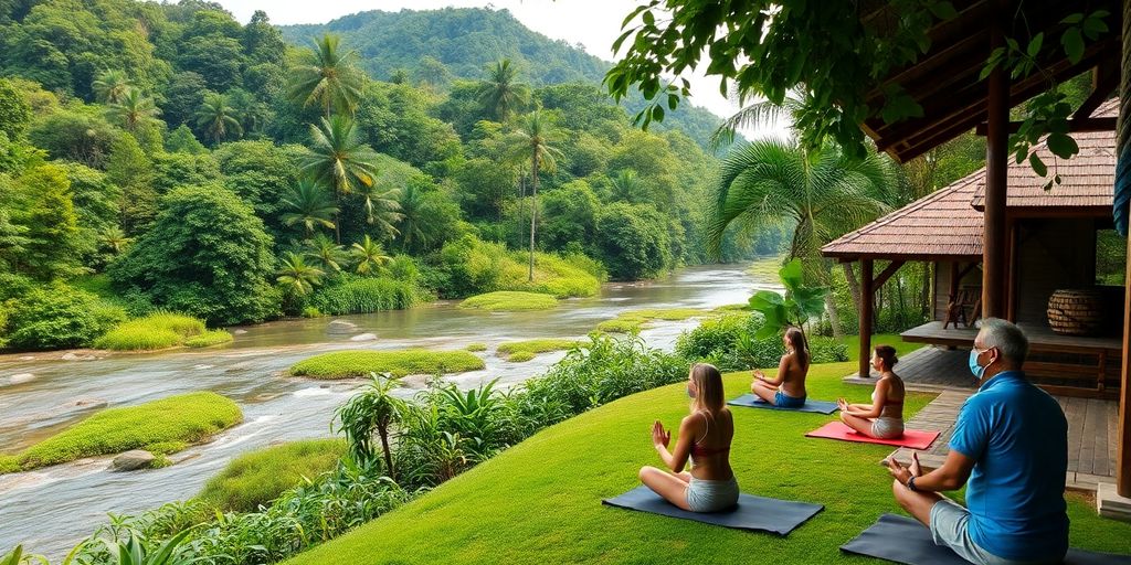 Veterans in a tranquil Thai landscape during retreat activities.