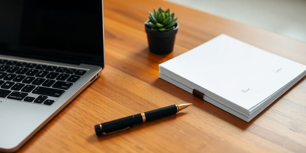 Polished desk with open laptop and professional accessories.