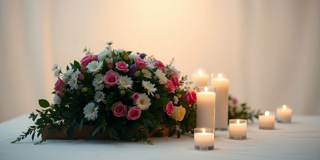Blumen und Kerzen in einem ruhigen Trauerritual.