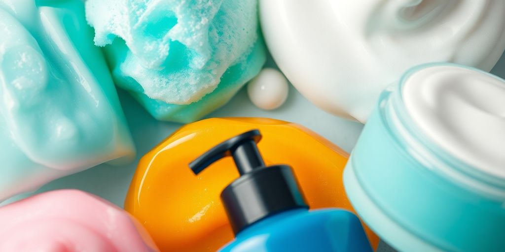 Different types of skin cleansers in colorful containers.