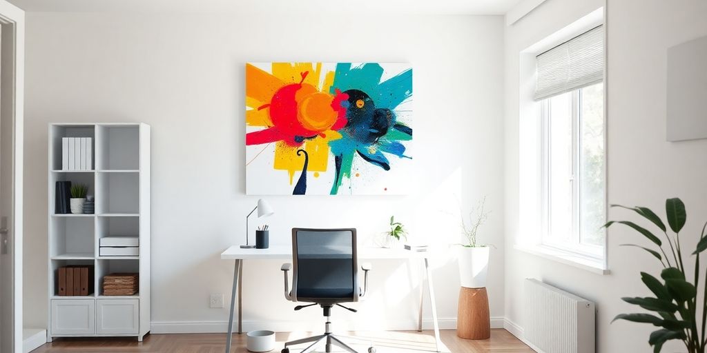 Vibrant modern office with abstract wall art.