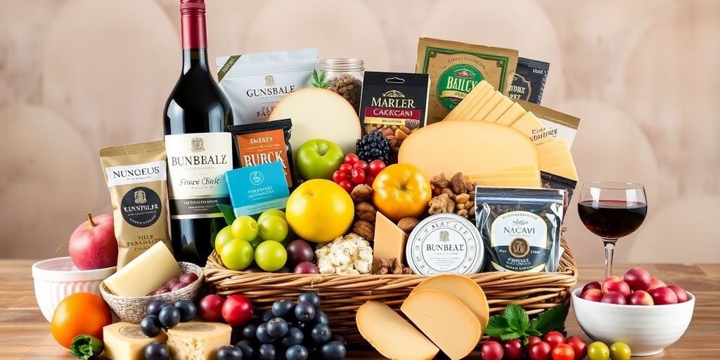 Gourmet gift basket with cheese, crackers, and wine.
