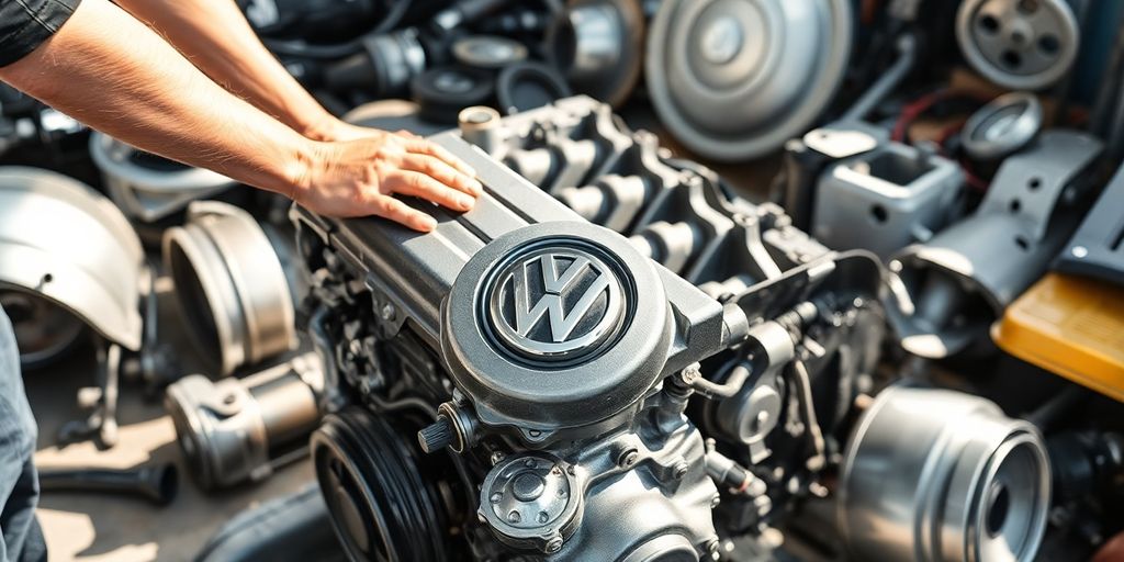 Volkswagen car parts and mechanic fixing a car.