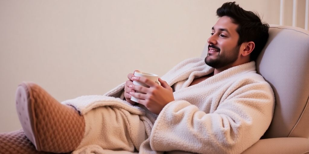 Cozy boyfriend receiving a plush robe and slippers.