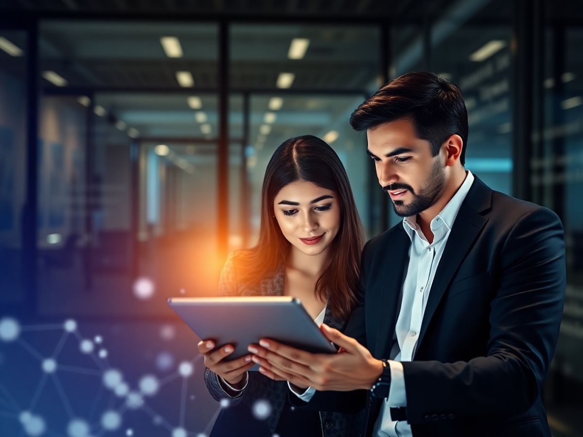 Business professionals discussing private blockchain technology over a tablet.