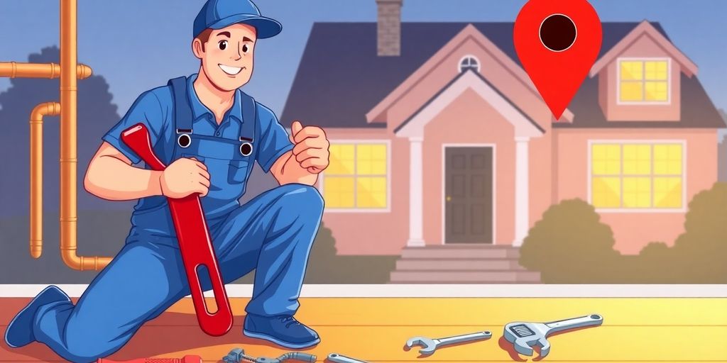 Plumber with red wrench kneeling by pipe near house marker.