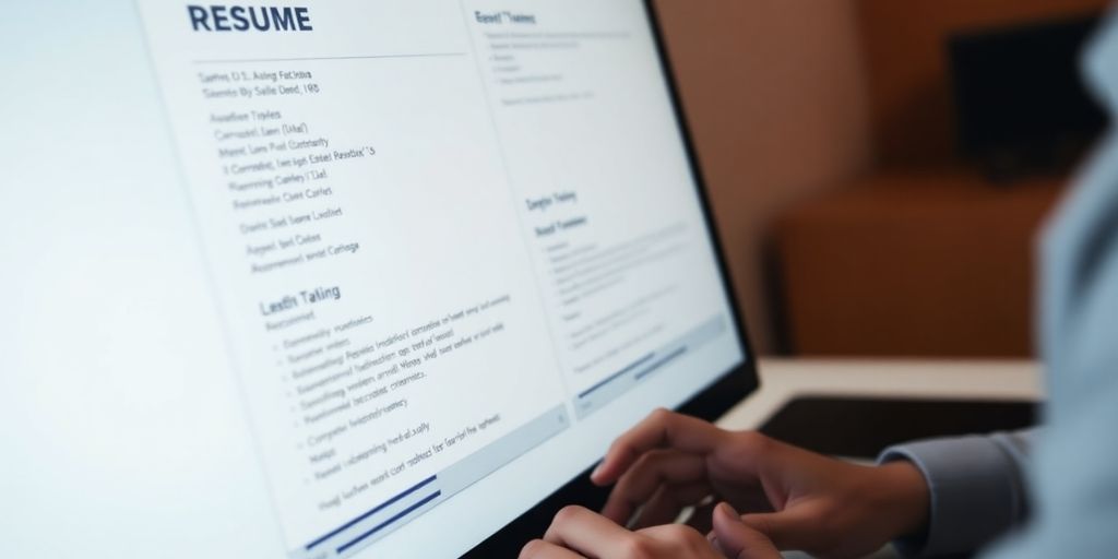 Resume on screen, person reviews.