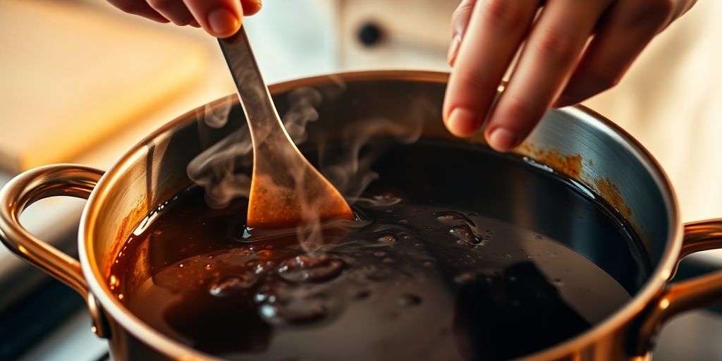 Chef stirring pot, secret sauce steaming.