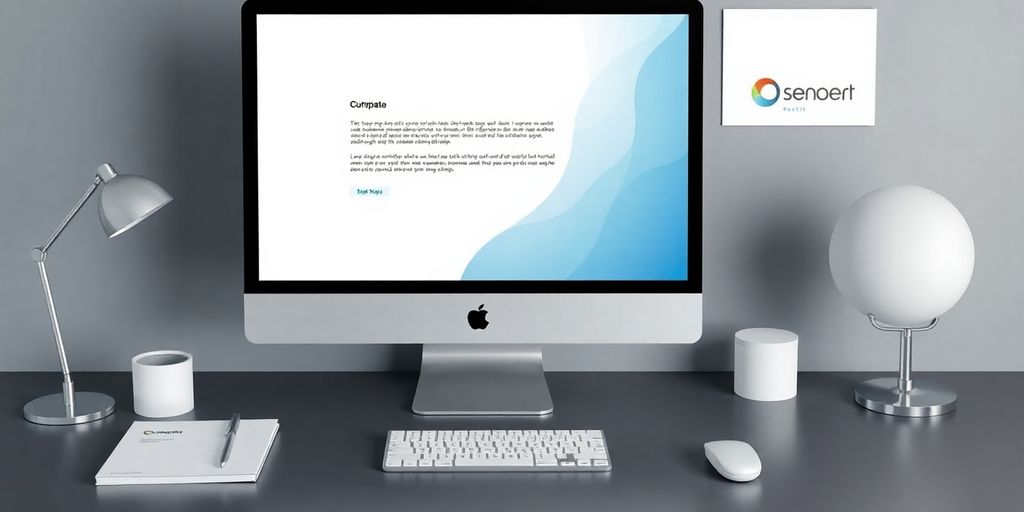 Modern workspace with computer and stylish stationery setup.
