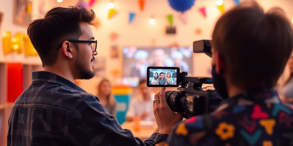 Person filming a video with colorful props and lighting.