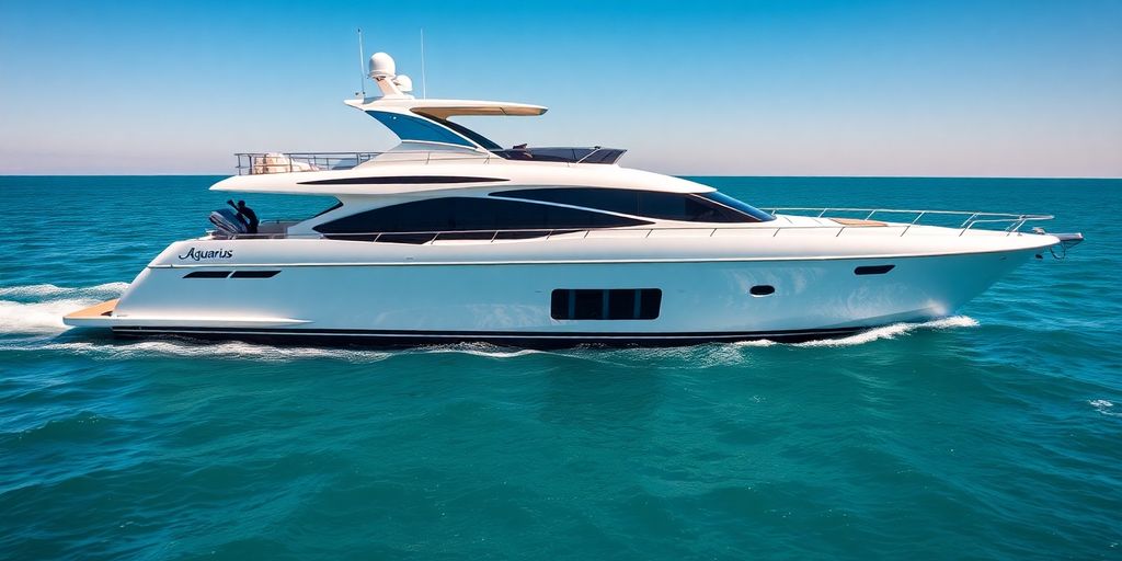Sleek luxury yacht sailing calm turquoise waters.
