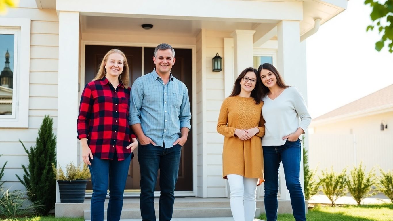 Familia feliz frente a una casa segura y moderna