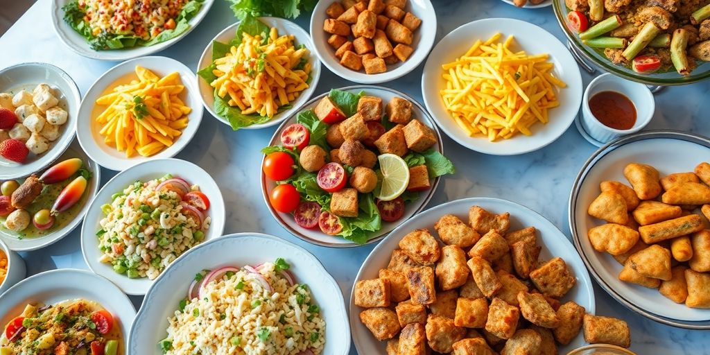 อาหารหลากหลายประเภทบนโต๊ะจัดเลี้ยง