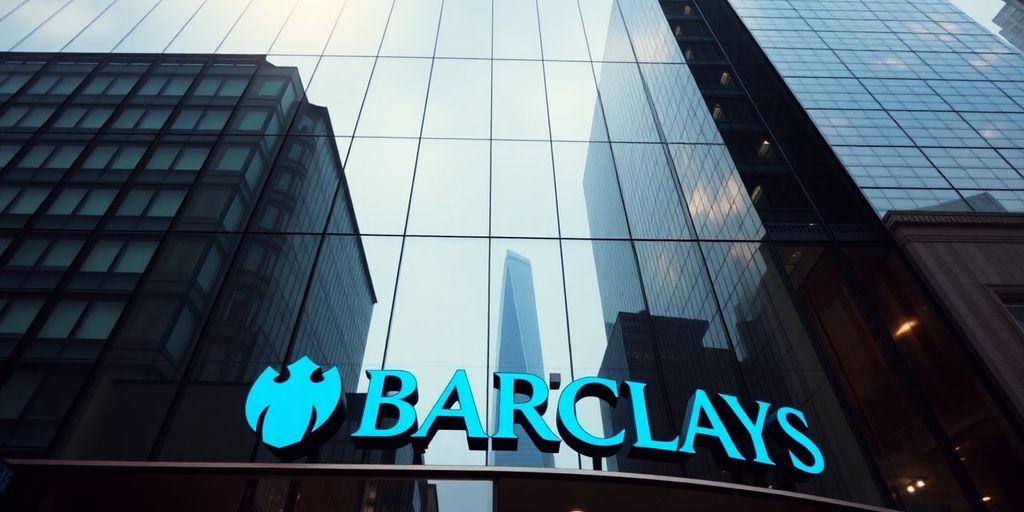 Barclays building with city skyline.