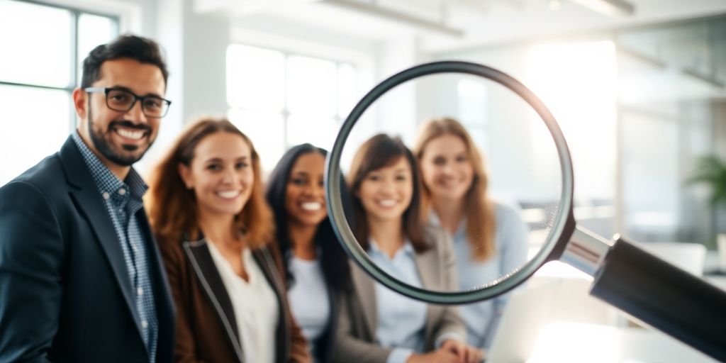 Magnifying glass over diverse professional team.