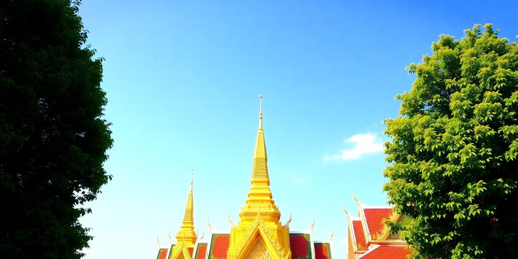 Ornate temple, golden spires, blue sky.