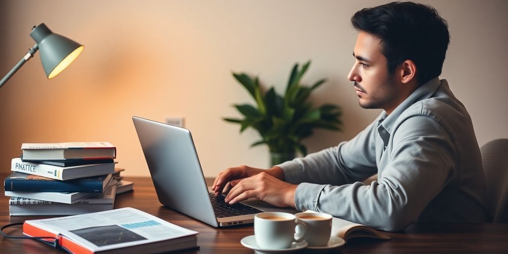 Person trading options with a laptop and coffee.