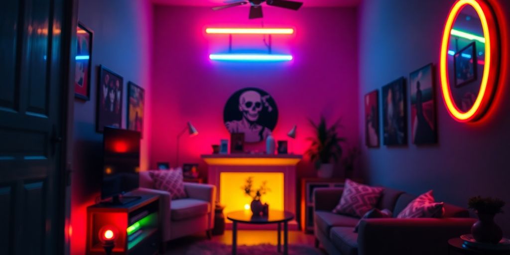 Vibrant neon glow illuminating a stylish room.