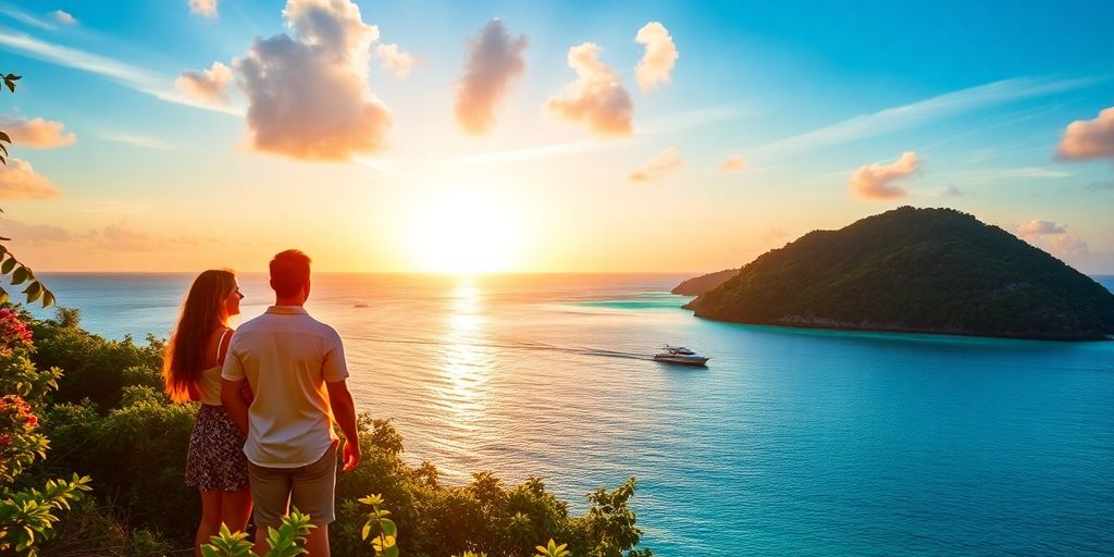 Couple enjoying a scenic island sunset with Discovery Pass.