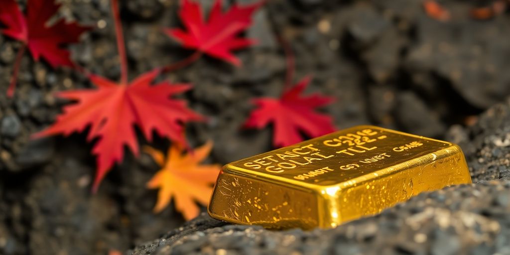 Lingot d'or sur fond de feuilles d'érable et de mine.