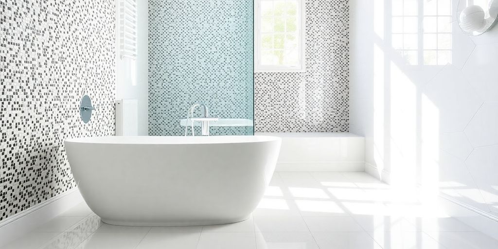 Bathroom with both small and large tiles.