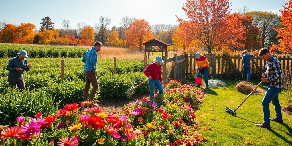 Diverse people working seasonal outdoor jobs