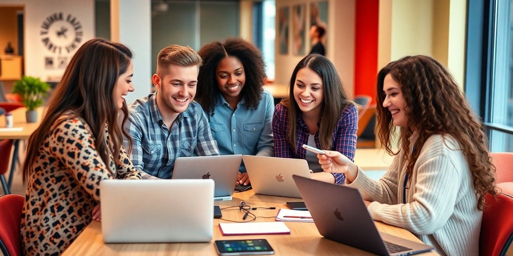 Group of students working together in a media internship.
