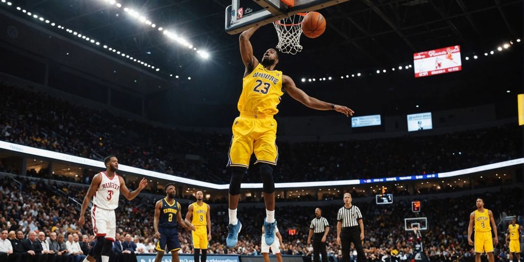 Basketball player slam dunking during a game