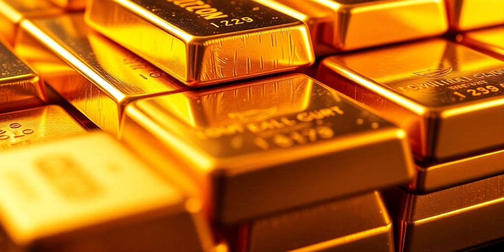 Lingots d'or brillant sous une lumière dorée.