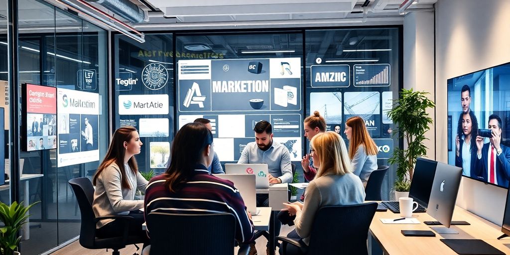 Profissionais de marketing digital em ambiente de escritório moderno.