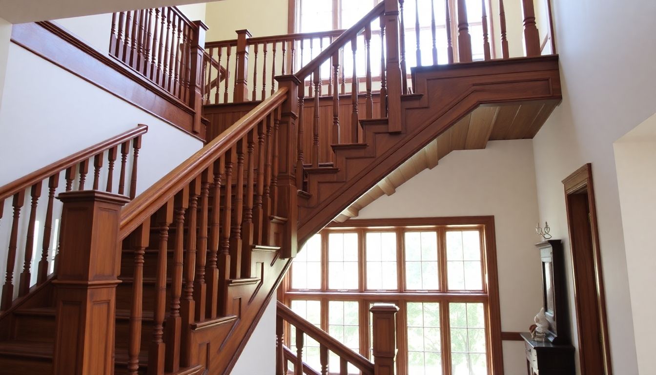 Elegant wooden staircase in a bright home setting.