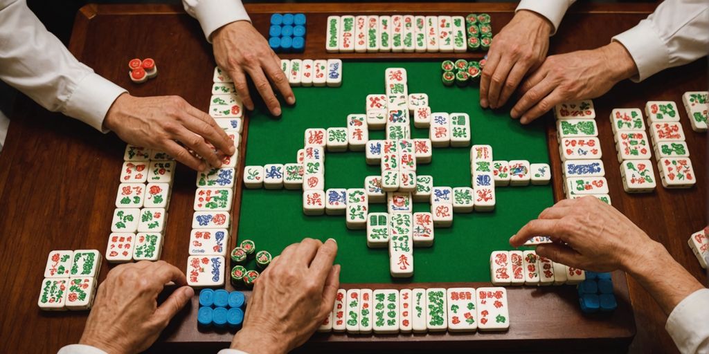 Mahjong table with season tiles and players' hands.