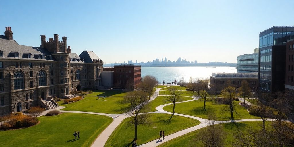 Stevens Institute campus, historic buildings, river, Manhattan skyline, students.