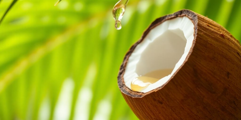 Virgin coconut oil dripping from a coconut.