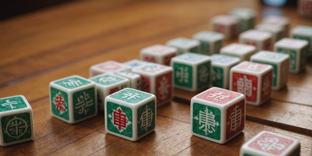 Various unique Mahjong tiles on a wooden table.