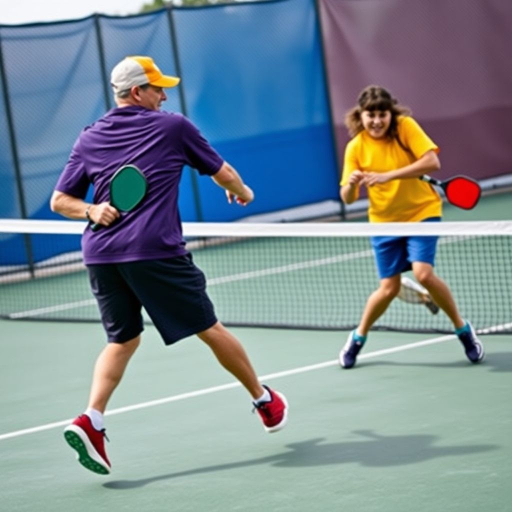 Two players practicing pickleball volleys on court.
