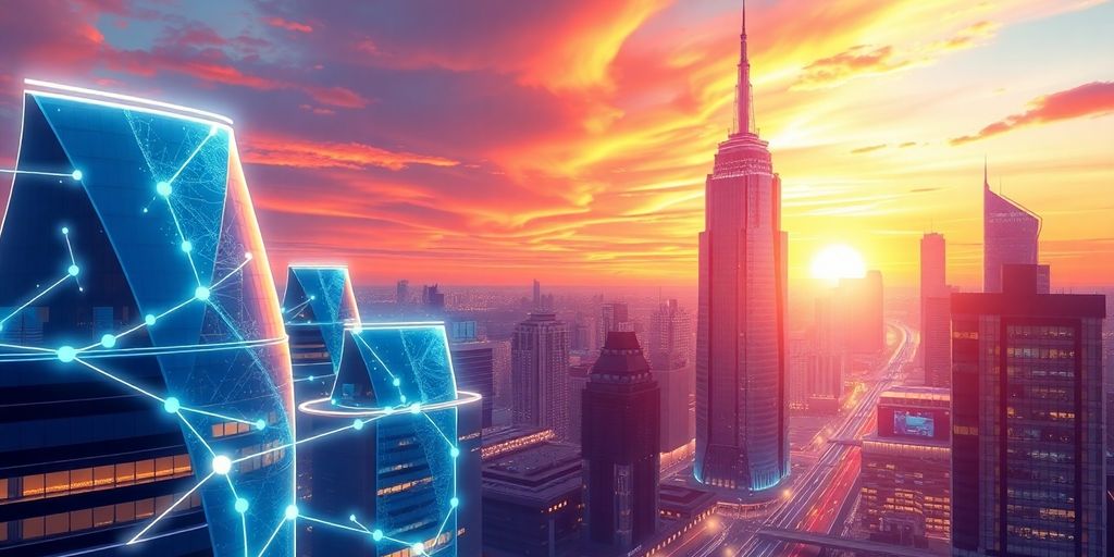 Futuristic cityscape with digital elements and glowing lines.