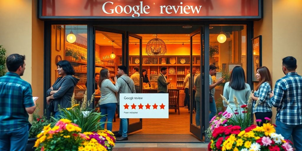Bright storefront inviting customers to leave a review.