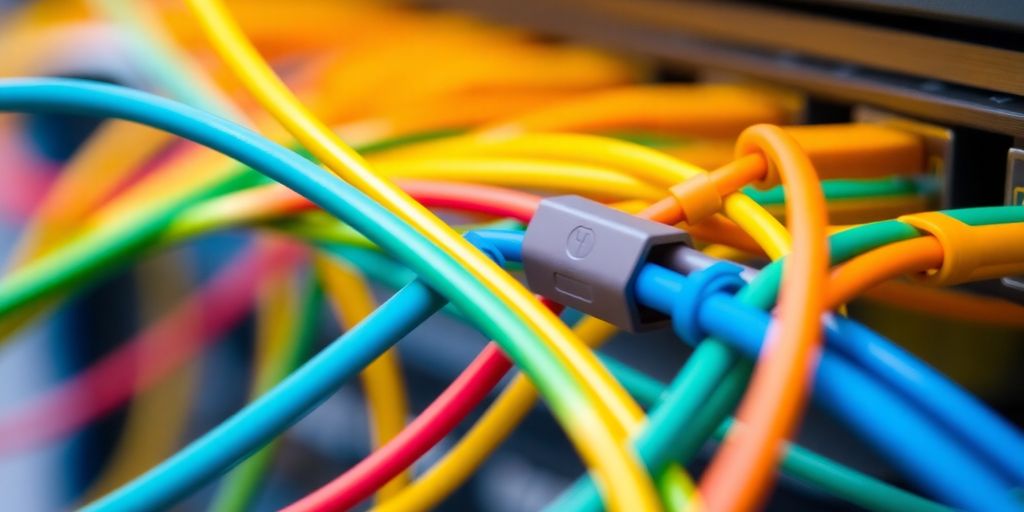 Close-up of interconnected network cables.