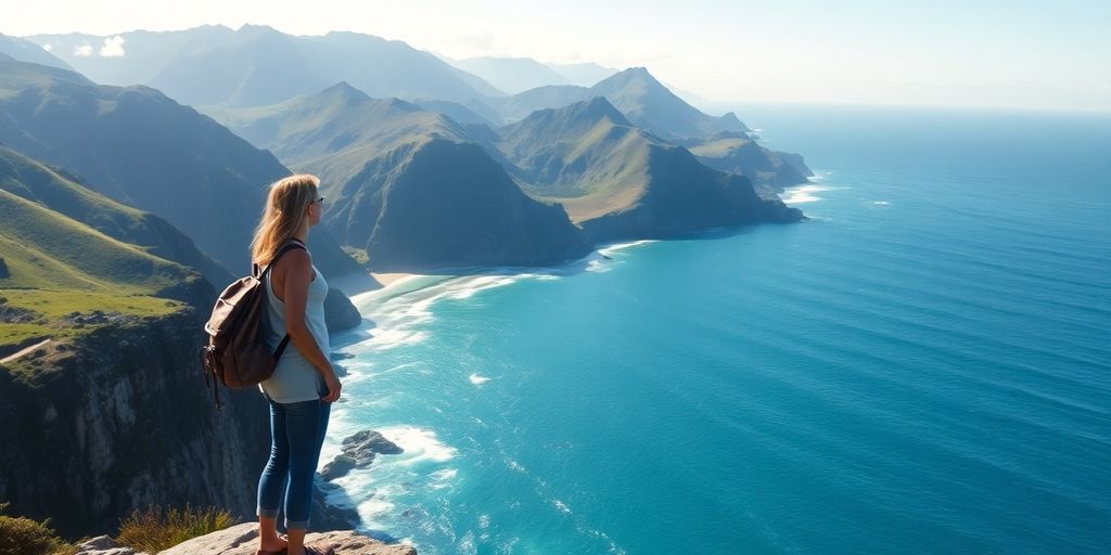 Woman hiking scenic Pacific coast trail.
