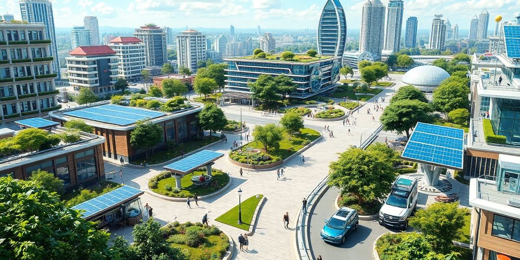 Futuristic city with green spaces and advanced technology.