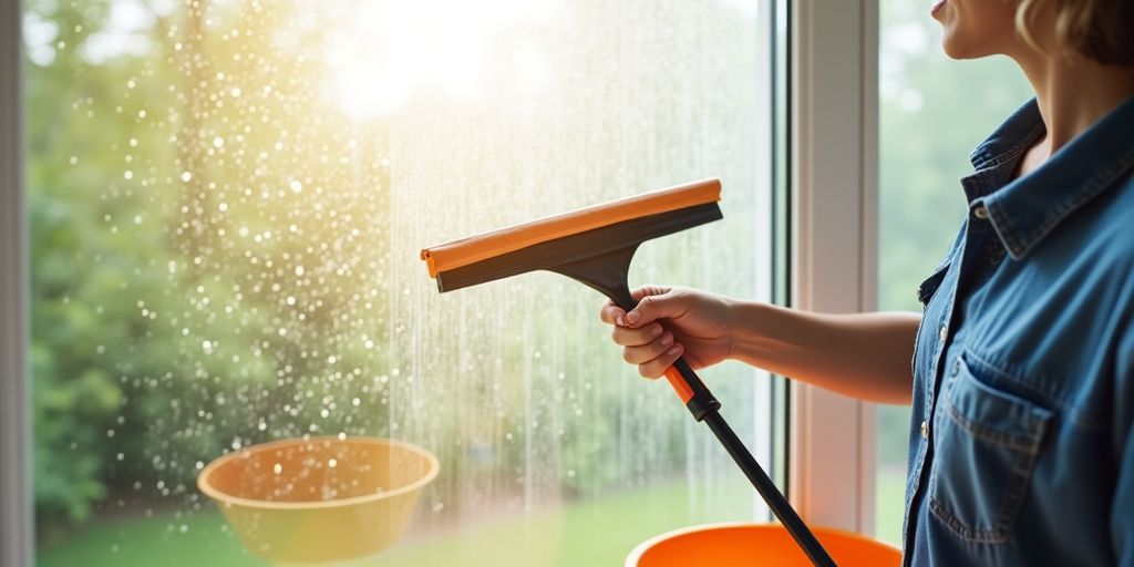 Window cleaner with tools working on shiny glass surfaces.
